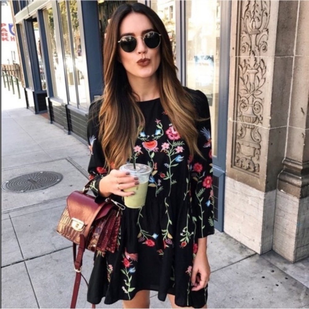 Zara Floral Embroidered Tunic Swing Mini Dress Size Small
